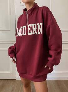 DAZY 女式字母印花超大半拉链套头宽松运动衫，带保暖衬里，秋季女装 - 紅色 - 查看 6