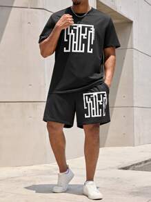 Manfinity CasualMax 2 chiếc áo thun nam tay ngắn cổ tròn in hình học cỡ lớn và quần short, mùa hè - màu đen - Xem 1