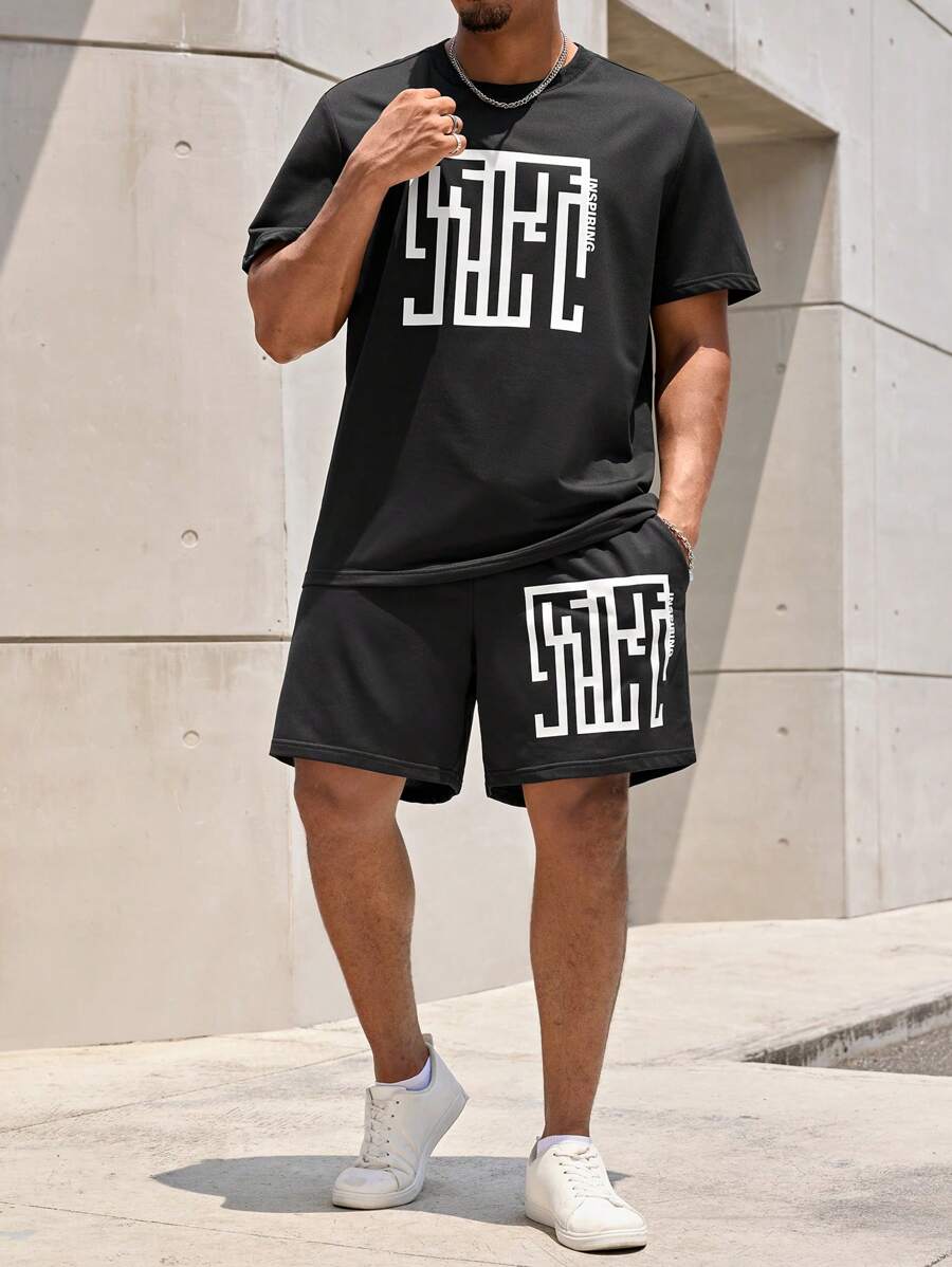 Manfinity CasualMax 2 chiếc áo thun nam tay ngắn cổ tròn in hình học cỡ lớn và quần short, mùa hè - màu đen - Xem 1