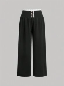 SHEIN MOD Plus Size High Waisted Color Block Lace Trim Button Palazzo Pants