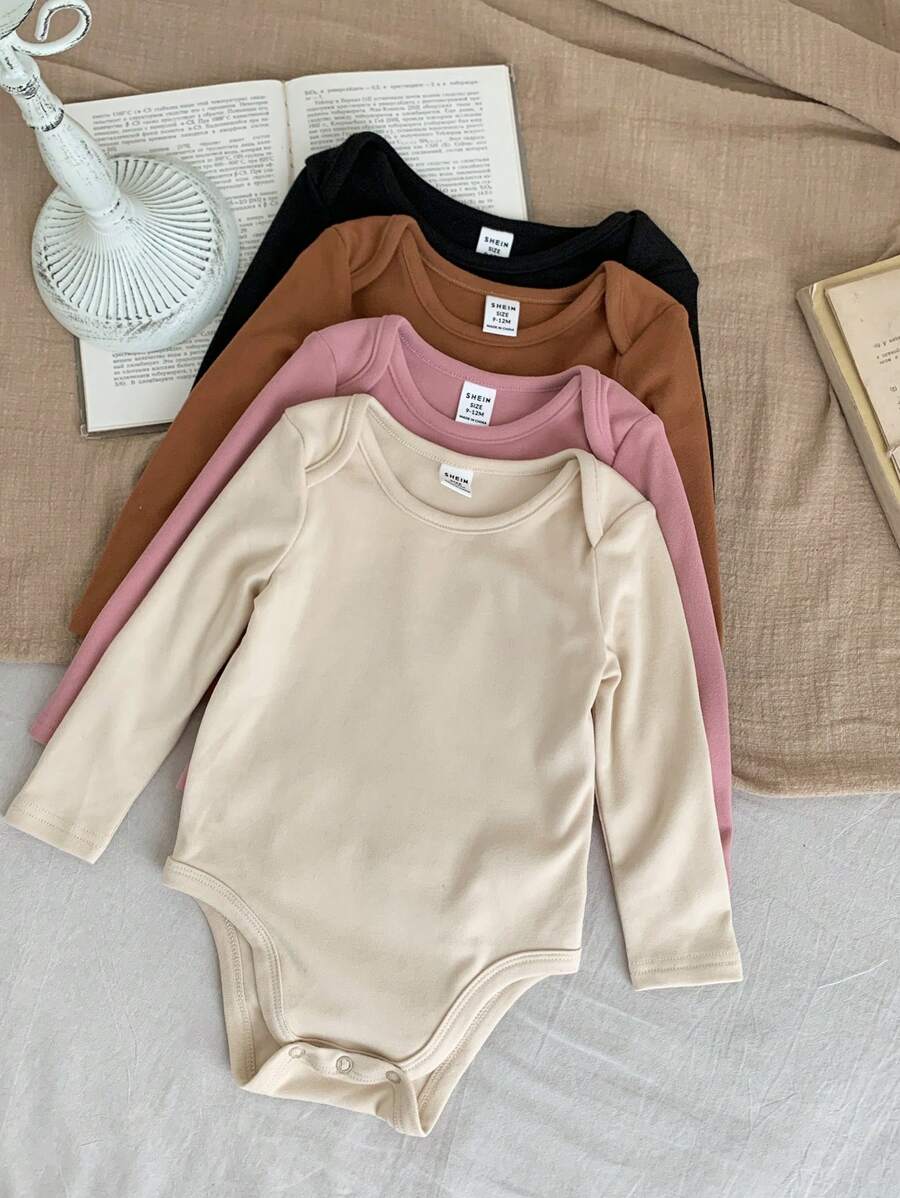 SHEIN LMoss Kids 4件套LMoss新生女婴可爱针织纯色连体衣套装,秋冬款 - 彩色 - 查看 1