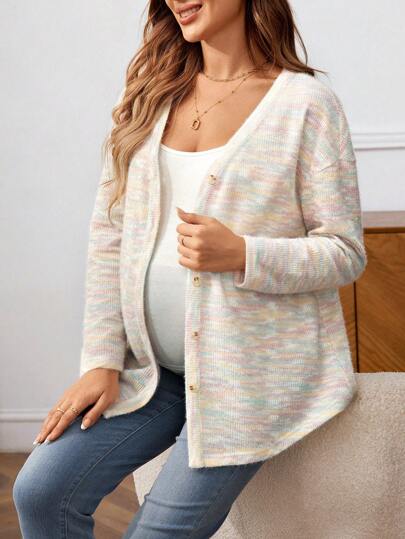 SHEIN Maternity Drop Shoulder Button-Up Tie-Dye Long Sleeve T-Shirt