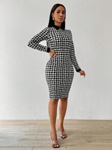 SHEIN Lady Spring And Summer  Office Dress  Dresses  Casual Elegant Work 
Houndstooth Bodycon Dress Shirt Collar Tweed 
Women Dresses
