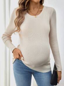 SHEIN Maternity Solid Crew Neck Long Sleeve Slim Fit Sweater, Spring/Fall, For Winter - Apricot - View 1