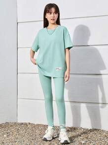 SHEIN Teen Girls' Woven Label Knitted Solid Color T-shirt And Leggings Set