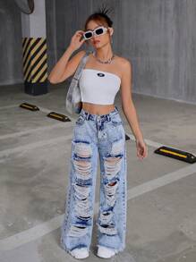 青少年女孩 Y2K 流行复古石洗破洞下摆宽松阔腿牛仔裤，女孩秋季服装返校街头服饰 - 中等水洗藍 - 查看 5