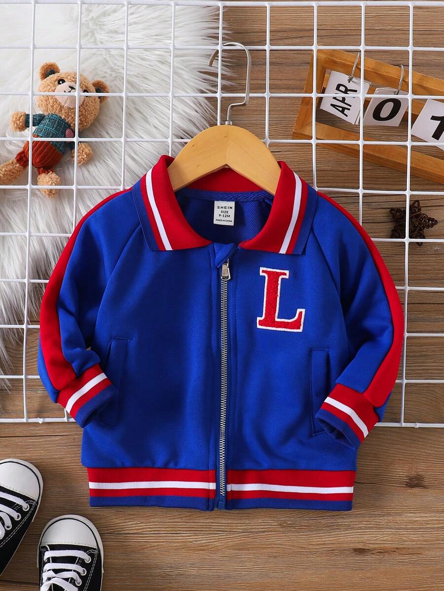 幼儿/婴儿男孩拼色克莱因蓝领字母贴花拉链夹克，运动休闲风格，适合摄影 - 寶藍色 - 查看 1