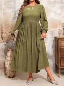 EMERY ROSE Plus Size Solid Color Lantern Sleeve Casual Vacation Dress,Fall Clothes - Army Green - View 2