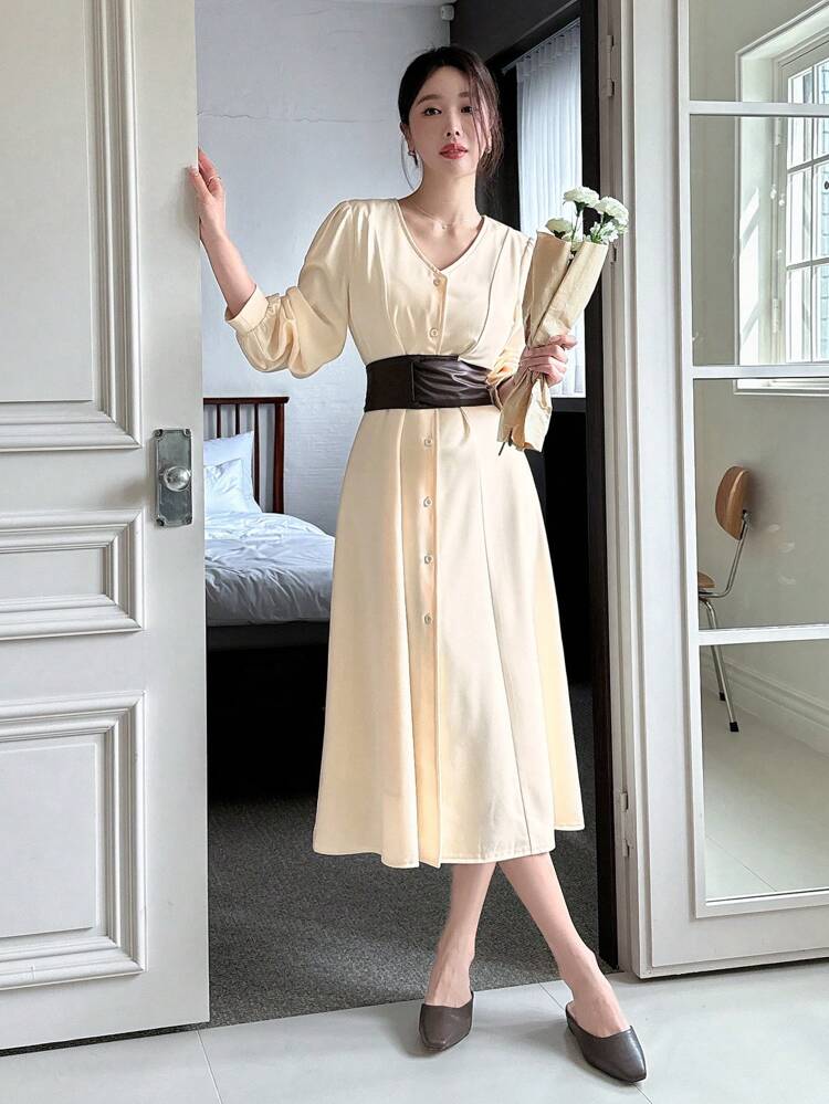 Women's V-Neck Long Sleeve Single-Breasted Maxi Casual Dress, Spring & Fall