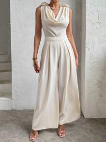 SHEIN Privé 女款深V領連身褲，具有3D花卉裝飾 - 杏色 - 查看 6