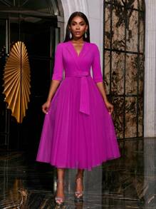 Faeriesty Elegant Surplice Neck Belted Cocktail Dress Midi Dress Party Dress Wedding Guest Dress Formal Dress Evening Dress,Gown - Hot Pink - View 8