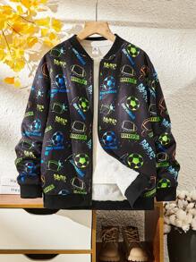 Chaqueta deportiva informal con patrón de fútbol fluorescente para niño preadolescente, adecuada para ir y venir, escuela, uso diario casual, deportes, temporada de otoño/invierno - Negro - Ver 2