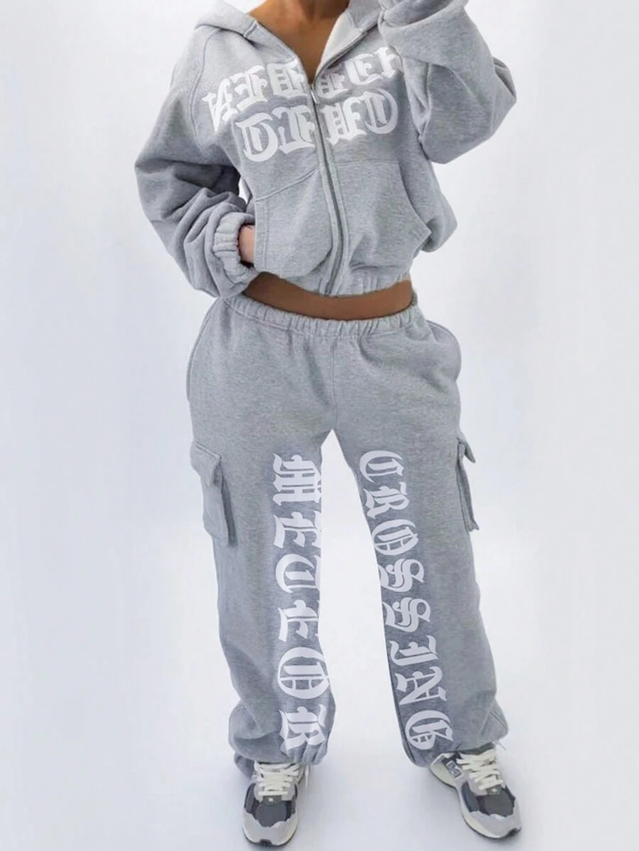 Tween Girls' Casual Gothic Style Printed Hooded Sweatshirt And Sweatshirt Set - Grey - View 1