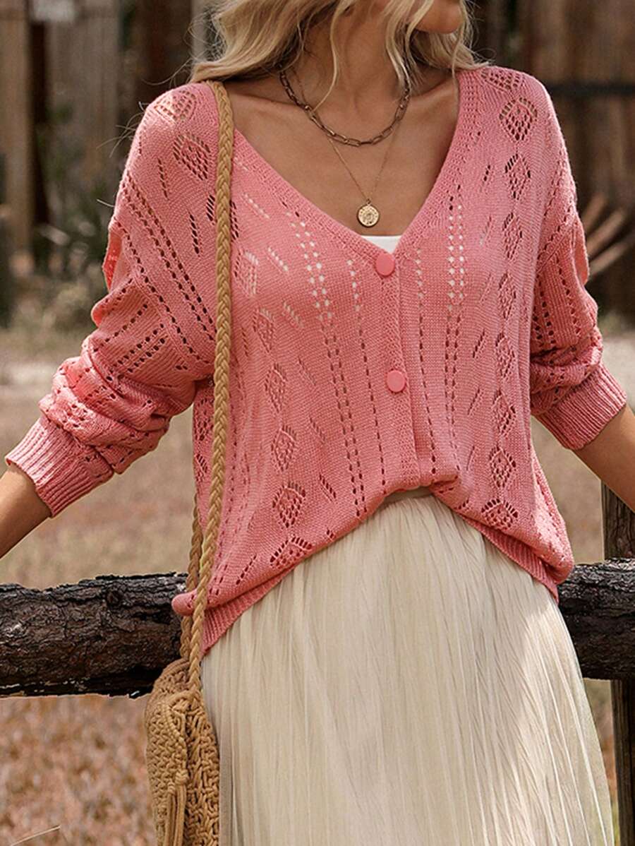 SHEIN VCAY Solid Color Button Down Long Sleeve Hollow Out Top, Casual Everyday Wear,Fall Women Clothes,Fall Women Cardigan