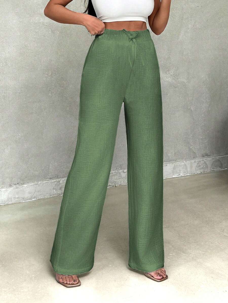 SHEIN Women's Casual Pants With Solid Color Drawstring Waist And Loose Fit With Slant Pockets