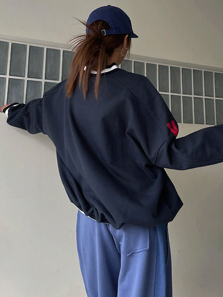 Women V-Neck Letter Print Streetwear Sweatshirt, Autumn,Fall Women Clothes