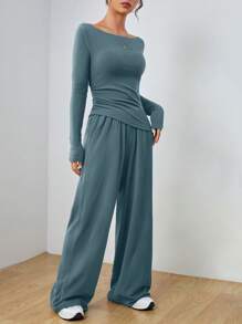 SHEIN EZwear 蓝绿色针织修身女士套装 - 青碧色 - 查看 4