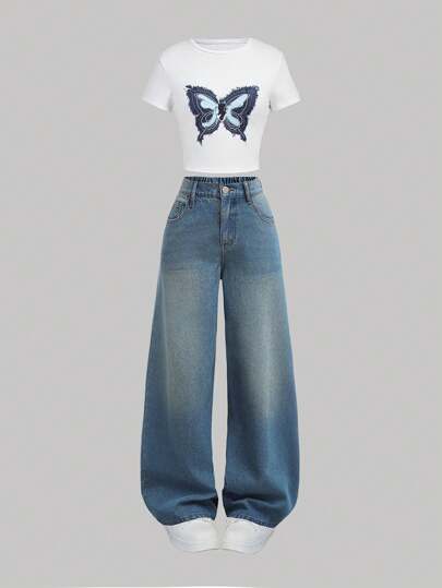 SHEIN Girlism Teen Girls Y2K Denim Effect Butterfly Pattern White T-Shirt And Blue Wide Leg Denim Jeans Set,Teen Girl Summer Break Clothes Outfits Cowgirl Outfit