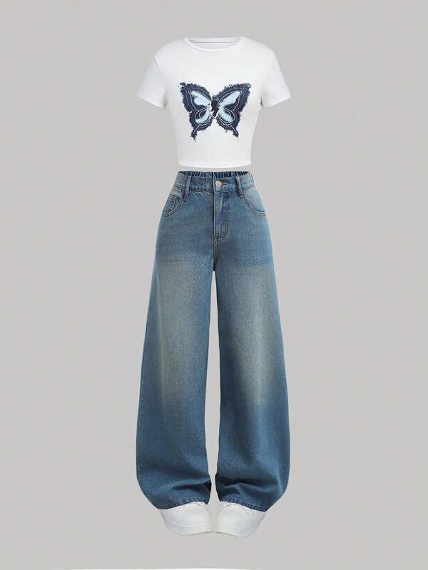 SHEIN Girlism Teen Girls Y2K Denim Effect Butterfly Pattern White T-Shirt And Blue Wide Leg Denim Jeans Set,Teen Girl Summer Break Clothes Outfits Cowgirl Outfit