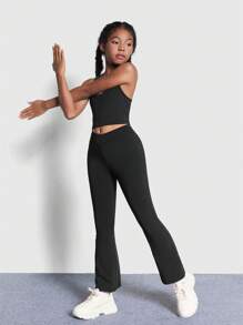 SHEIN Tween 女童针织纯色字母印花背心和喇叭裤运动套装 - 黑色 - 查看 3