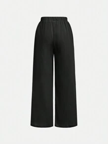 2pcs Loose Elegant Simple Comfortable Solid Color High-Waisted Wide Leg Pants For Tween Girls