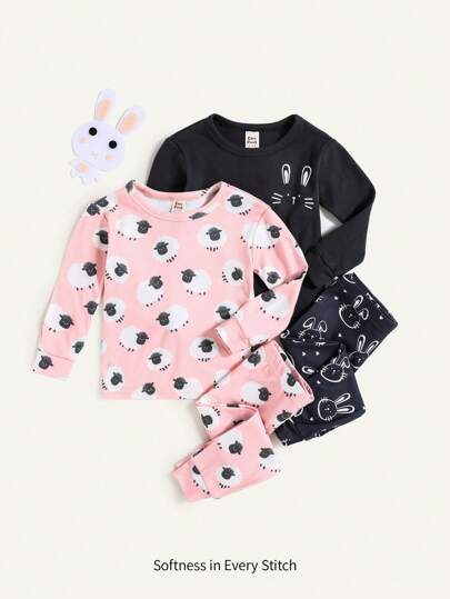Cozy Pixies Baby Girl Cartoon Rabbit & Sheep Print Soft Knit Crew Neck Long Sleeve Top And Pants Pajama Set