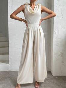 SHEIN Privé 女款深V領連身褲，具有3D花卉裝飾 - 杏色 - 查看 5