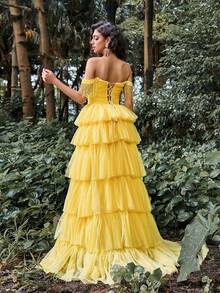 Faeriesty Fringed Trim Off Shoulder Ruched Bustie Prom Dress - Yellow - View 2