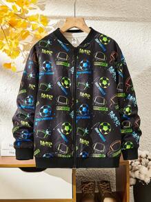 Chaqueta deportiva informal con patrón de fútbol fluorescente para niño preadolescente, adecuada para ir y venir, escuela, uso diario casual, deportes, temporada de otoño/invierno - Negro - Ver 5