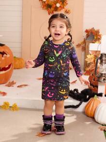 SHEIN Babymeisjes schattige gebreide stretch cartoon graffiti patroon jurk met lange mouwen, Halloween