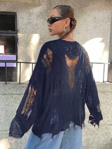 SHEIN ICON Áo len đen hở vai trễ vai không có áo ngực - Màu xanh hải quân - Xem 2