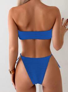 SHEIN Swim 女士金色花卉装饰简约日常抹胸上衣和下装比基尼套装，夏季泳衣 - 藍色 - 查看 2