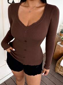 Flirla 大码纯色心形领口前开襟纽扣长袖休闲毛衣，适合冬季秋季穿着。 - 杏色 - 查看 6