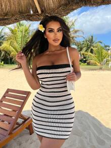Zolique Women Contrast Stripe Simple Daily Knitted Tube Dress - Black and White - View 5