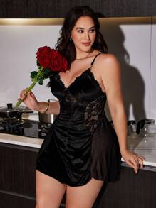 SilkySpell Camisón de mujer talla grande con encaje y patchwork - Negro - Ver 6