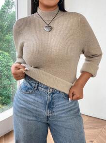 Flirla Plus Size Solid Stand Collar Casual Long Sleeve Sweater, Autumn/Winter
