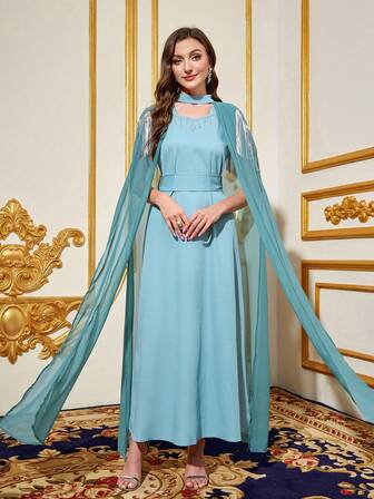 Vestido árabe verde de manga larga y estilo holgado para mujer con lentejuelas, flecos y pedrería