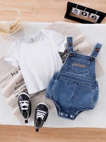 SHEIN Vintaside Kids 男婴背带连体衣+白色短袖衬衫套装 - 藍白色 - 查看 3