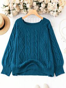 EMERY ROSE Plus Size Casual Solid Color Raglan Sleeve Sweater, Fall/Winter Knit Pullover - Blue - View 1