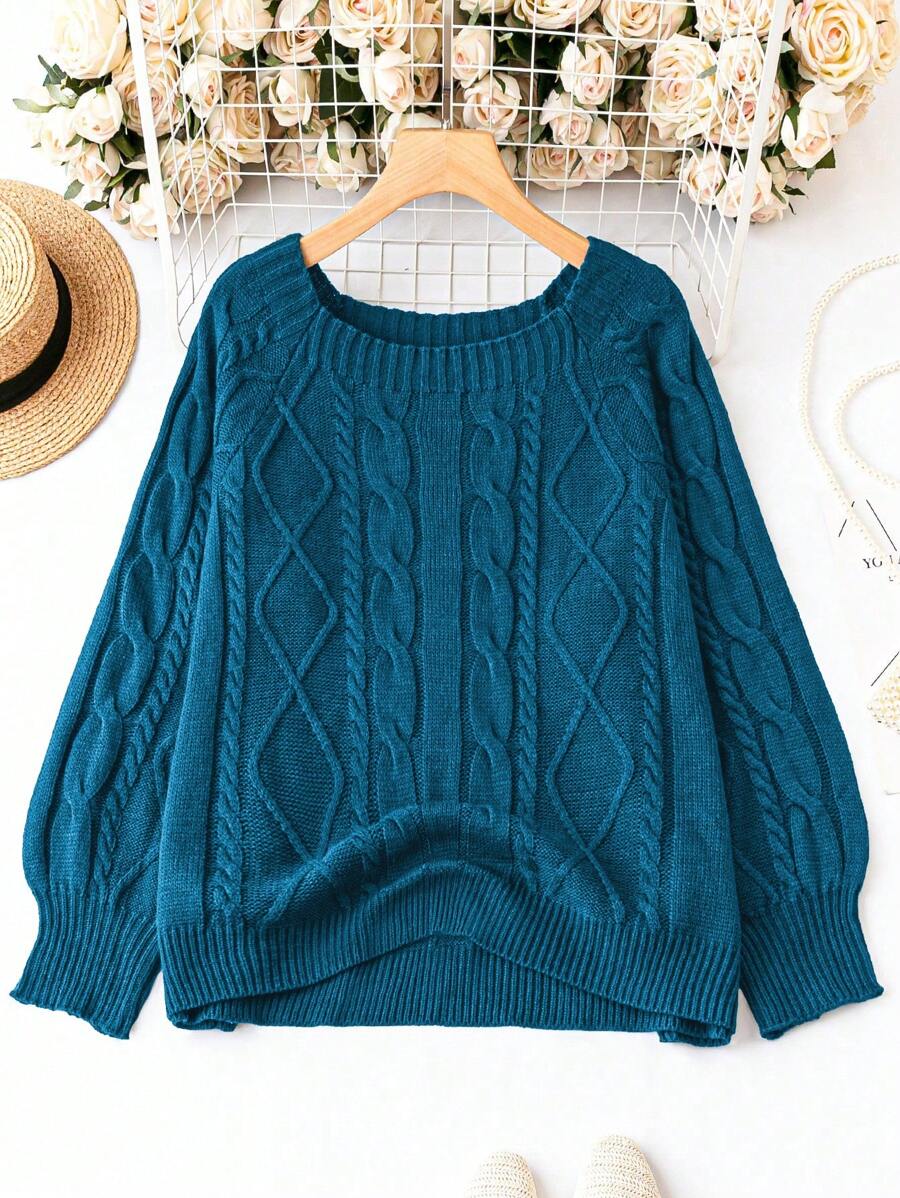 EMERY ROSE Plus Size Casual Solid Color Raglan Sleeve Sweater, Fall/Winter Knit Pullover - Blue - View 1