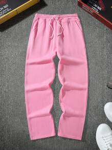 Manfinity Roghcode 男士休闲宽松纯色抽绳腰粉色运动裤 - 粉色 - 查看 3