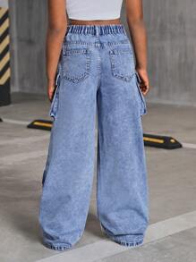 SHEIN Tween 女孩 Y2K 时尚石洗多口袋破洞工装牛仔裤宽松阔腿裤，Tween 女孩秋装返校装 - 中等水洗藍 - 查看 2