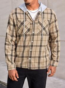 Manfinity Homme Plus Size Men's Plaid Long Sleeve Hooded Casual Loose Pocket Shacket, Spring/Autumn