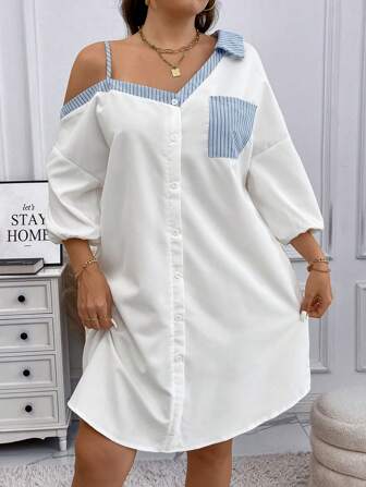 SHEIN Essnce Plus Size Asymmetric Striped Short Sleeve Loose Mini Dress