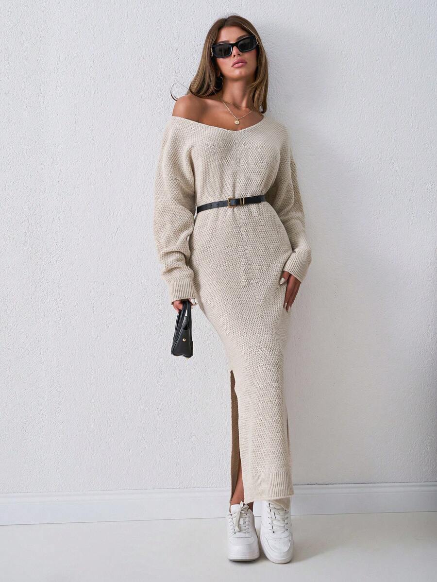 SHEIN Tall Ff Shoulder Asymmetrical Hem Bodycon Midi Sweater Dress - Apricot - View 1