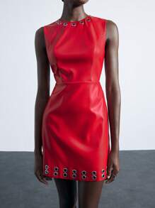 Maija PU Leather Eyelet Decor Sleeveless Round Neck Fashionable Red Short Dress For Women, Spring/Summer