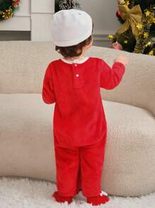 SHEIN 2件套男婴可爱雪人刺绣保暖连体衣冬装帽子套装 - 紅白色 - 查看 2