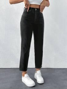 EURMUSE High Waist Mom Fit Jeans - Black - View 5