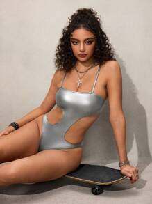 SHEIN Fashionable Silver Hollow-Out Backless Slim-Fit Jumpsuit - Silver - View 1