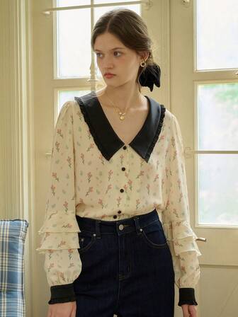 Simple Retro Ladies' Printed V-Neck Color-Block Long-Sleeve Shirt